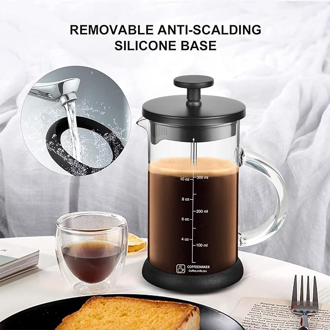 YMMIND French Press Coffee Maker 12 Ounce Espresso Tea Coffee Maker with 4 Filters System, Stainless Steel Plunger and Heat Resistant Borosilicate Glass BPA-Free Brewed Tea Pot Coffee Plunger
