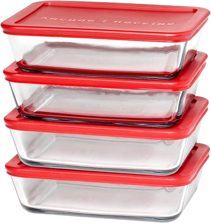 Anchor Hocking SnugFitTM Rectangular Food Storage Containers with Lids (4-Piece, 6-cup, Red, oven-safe)