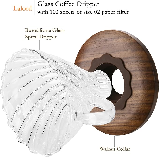 Lalord Pour Over Coffee Dripper, Borosilicate Glass with Walnut Collar, Includes 100 Size 02 Paper Filters, Drip Coffee Maker for 1-3 Cups, Clear
