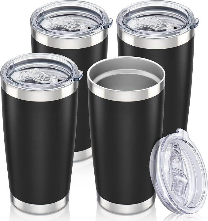 20 oz Tumbler with Lid Stainless Steel Insulated Tumblers Bulk Cups Mug | Double Wall Vacuum, Powder Coated, Keep Drinks Cold and Hot, Waterproof Lid, Fit of Car Cup Holders, Black, 4 Pack