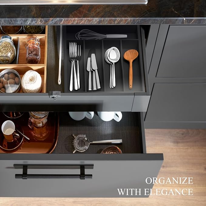 Bamboo Kitchen Sliverware Drawer Organizer (Black, 9.5''W x 13.5''D) | Cutlery Storage Tray with grooved dividers, Multi-purpose flatware storage tray, Utensil holder for folks/spoons/tableware