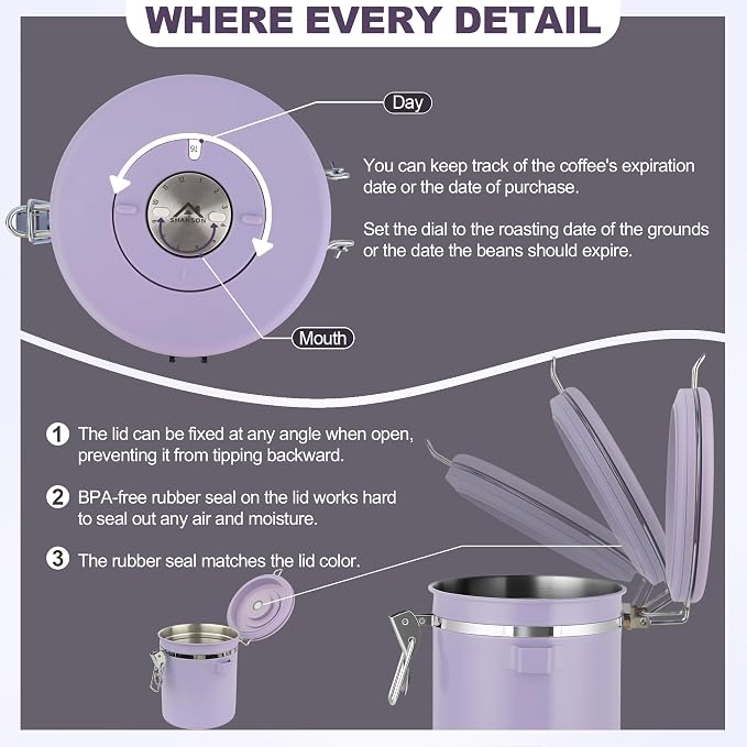 ShanSon Coffee Canister Airtight, Stainless Steel Bean Storage Container with Date Tracker & Scoop, Grounds Sugar Flour Tea Cereal Fits Kitchen Pantry, Ideal Gift for Coffee Lovers,16oz, Purple