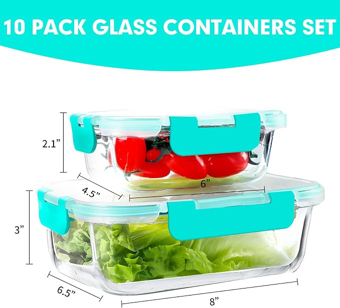 VERONES 10 PACK Glass Meal Prep Containers Set with Lids, Green | Airtight & Stackable Glass Food Storage Containers Set with Lids, for Microwave, Oven, Freezer & Dishwasher Friendly
