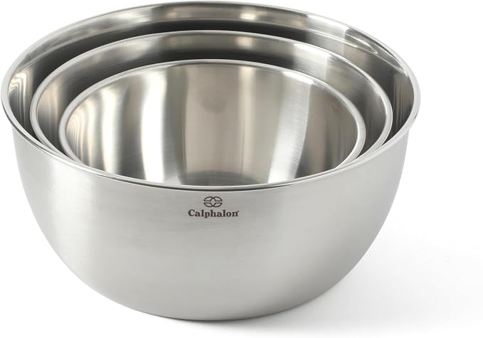 Calphalon Astro Mixing Bowls, 3-Piece Stainless Steel Mixing Bowl Set with Matte Finish, Nesting Metal Mixing Bowls for Kitchen, Baking and Prep, Silver