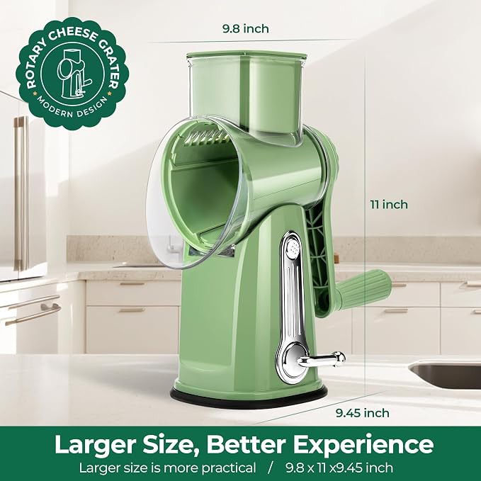SUSTEAS Rotary Cheese Grater 5 Blades,Kitchen Mandoline Vegetable Slicer | Easy to Clean,Strong Suction Base,Blades Storage Box,Round Mandoline Slicer & Food Chopper for Cheese,Salad,Nut, Retro Green
