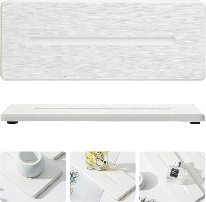 2 Pack Diatomite Stone Sink Tray, Water Absorbing Mat for Kitchen & Bathroom Counter, Quick Dry Soap Dish Makeup Vanity Caddy,Sponge Holder Organizer, White - 2pcs of 9"x 3.5"
