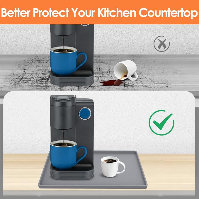 Silicone Coffee Maker Mat with Lip for Countertops, 18.9'' x 11.8'', Grey | Multi leak-proof coffee tray for countertop, non-slip silicone mat fits most coffee makers & espresso machines, wipe-clean