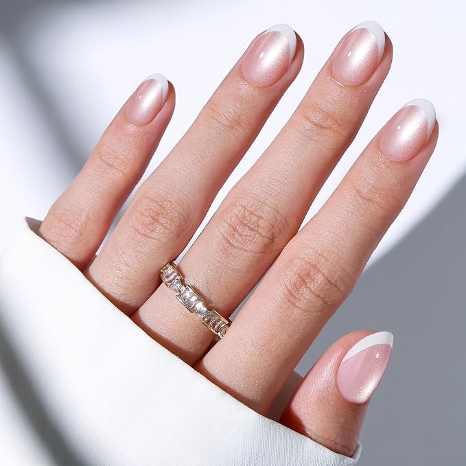 modelones Cat Eye French Tip Press On Nails, Short Oval Fake Nails | Nails Press Ons with Nail Glue, Adhesive Tabs, Nail File, Prep Pad, Manicure Stick, 32Pcs 16 Sizes, Women Girl Gift