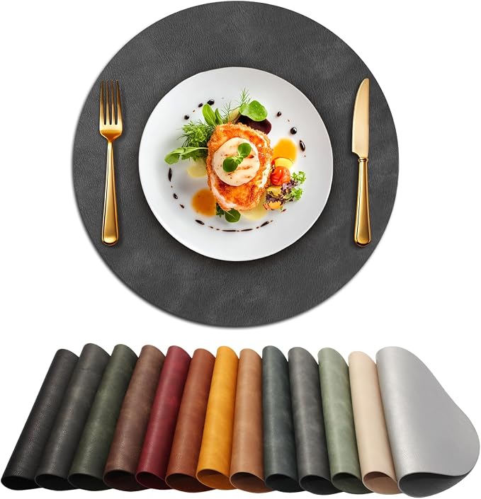 UnivoColors Placemats Round Faux Leather Placemats Set of 6-Waterproof-Wipe Clean-Heat Resistant-Anti Slip Dining Table Place Mats,Suitable for Indoor & Outdoor Use,15".Retro Dark Gray