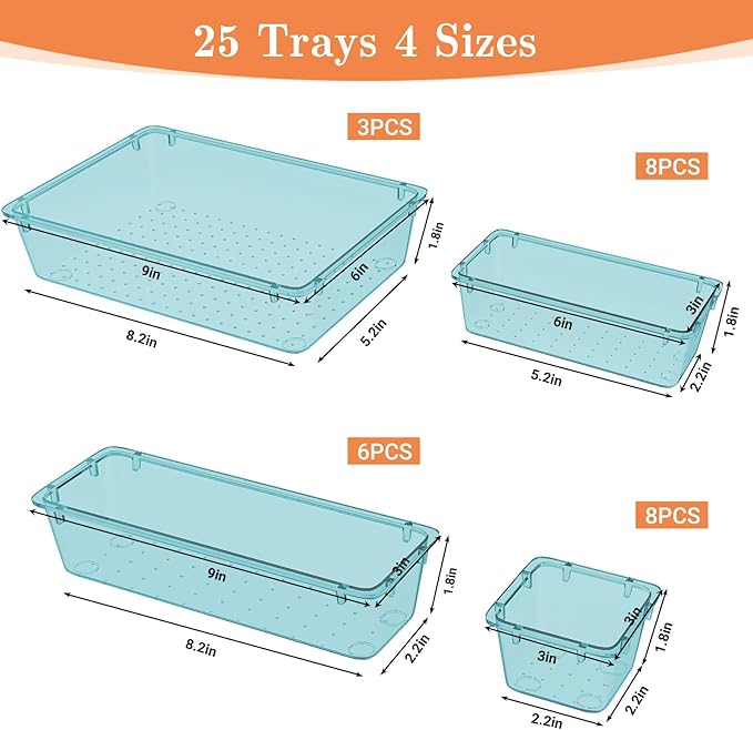 SpaceHacks 25 PCS Plastic Drawer Organizer, 4-Size Versatile Organizer Trays & storage Bins