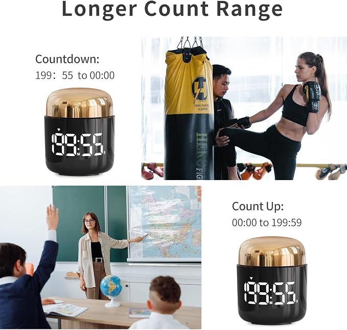 Kitchen Timer, 360 Rotate, Countup/Countdown, LED, Volume | Memory Function Back to School （Gold）