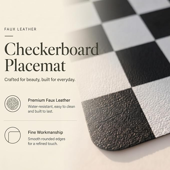 Set of 6 Checkerboard Non-Slip Washable Placemats for Dining Table | Waterproof & Heat-Resistant Faux Leather Mats | Easy Wipe Clean Tablemats for Indoor Dining, 17’’×12’’, Black