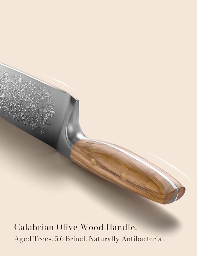 Chef Kitchen Knife 8", Embossed Botanical Blade, Olive Wood Handle | Created in collaboration with a German designer. Includes leather sheath and gift box for elegant presentation