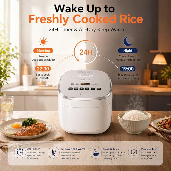 OCTAVO Low Carb Rice Cooker, 5-Cup Uncooked Stainless Steel Inner Pot, Low Sugar Rice Maker with 24H Timer and Auto Keep Warm, Small Rice Maker LED Display, White Rice/Brown Rice/Grains/Oatmeal