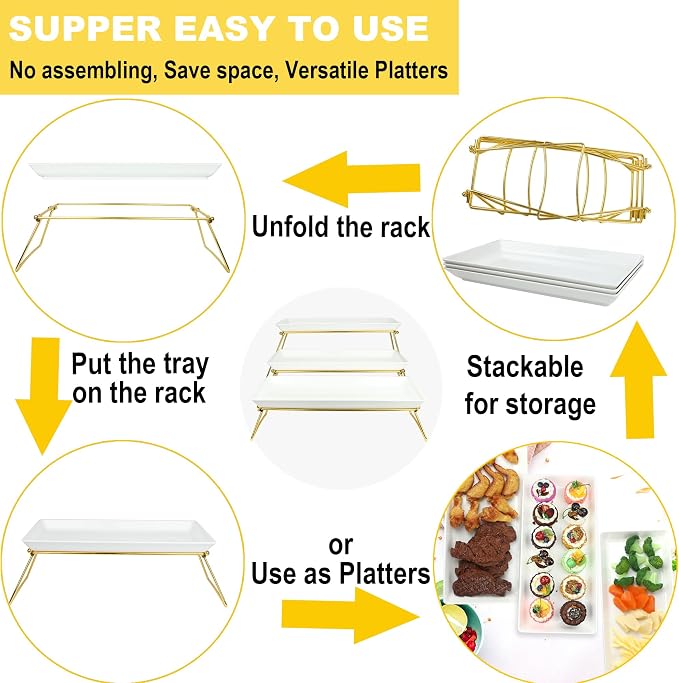 ECOIOU Extra Large 3 Tier Serving Tray, 24 x22 x 9.8 Inch Melamine Tiered Tray Stand and Platters for Party Buffet Entertaining, White and Gold | Melamine Tiered Tray Stand and Platters for Party Buffet Entertaining, White and Gold