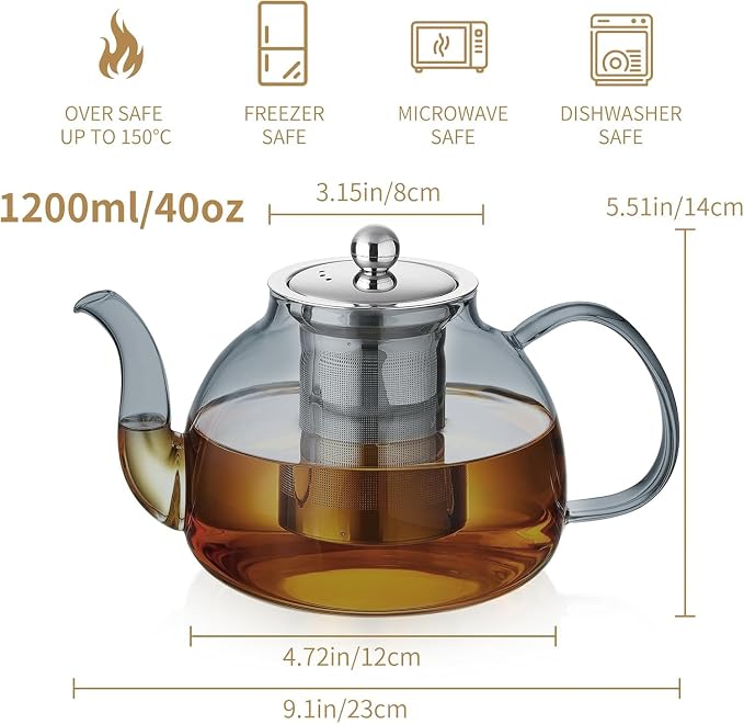DOPUDO 40OZ (1200ML) Glass Teapot with Infuser Stovetop Safe, Clear Glass Tea Pot Kettle, Borosilicate Tea Pot with Infusers Filter for Loose Tea, Tea Kettle Dishwasher Safe (Black)