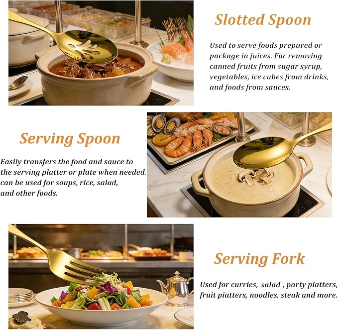 5 Piece Gold Serving Utensils Set | Hostess Serving Set, Stainless Steel, Mirror Polished, for Indoors Kitchen Dishwasher Safe