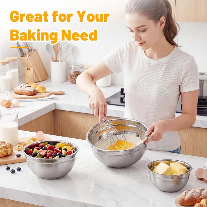 Beasea Mixing Bowls with Lids Set of 3, 1.5/2.5/4 QT Stackable Stainless Steel Nesting Mixing Bowls with Lids for Baking, Meal Prepping, Kitchen Food Serving, Storing