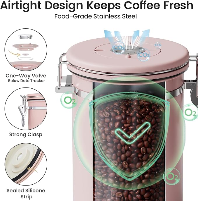 Veken Coffee Canister with Window, Airtight Stainless Steel Container, 22OZ | Date Tracker,Kitchen Food Storage Organizers for Beans, Ground, Espresso, Rice,Tea, Sugar,Cereal, Gifts,Lids,Jars,Scoop, Pink