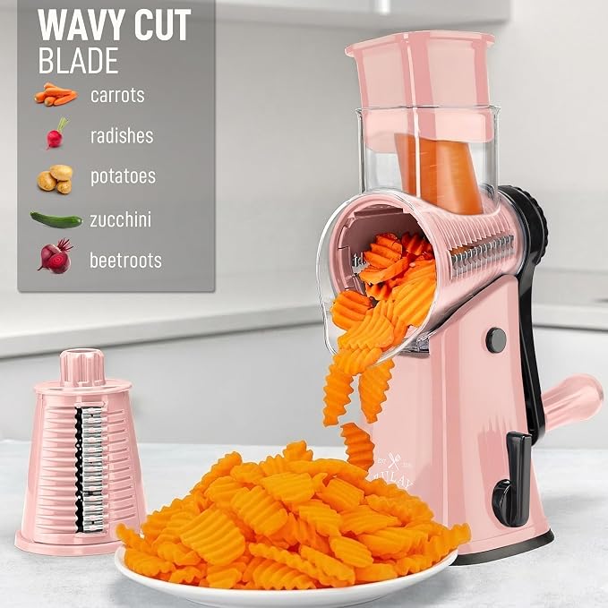 Zulay Kitchen Rotary Cheese Grater 5 Blade Cheese Shredder - Manual Hand Crank Cheese Grater With Reinforced Suction & 5 Interchangeable Drums - Easy to Use, Vegetable Chopper Round Mandoline Slicer