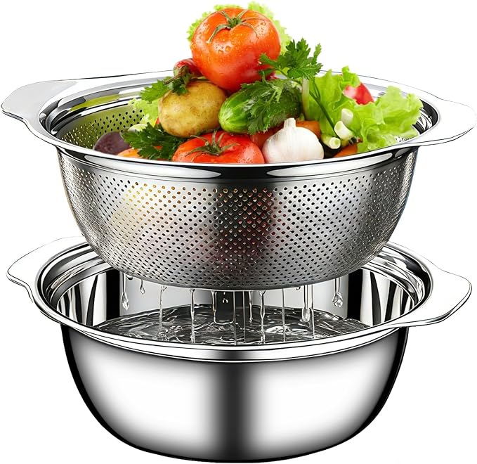 Stainless Steel Colander for Kitchen, 5 QT Rice Washer Strainer Bowl | Large Capacity | Non-Slip Handle | Strainer Bowl for Rice, Pasta, Vegetable, Fruit Draining | Colanders & Food Strainers