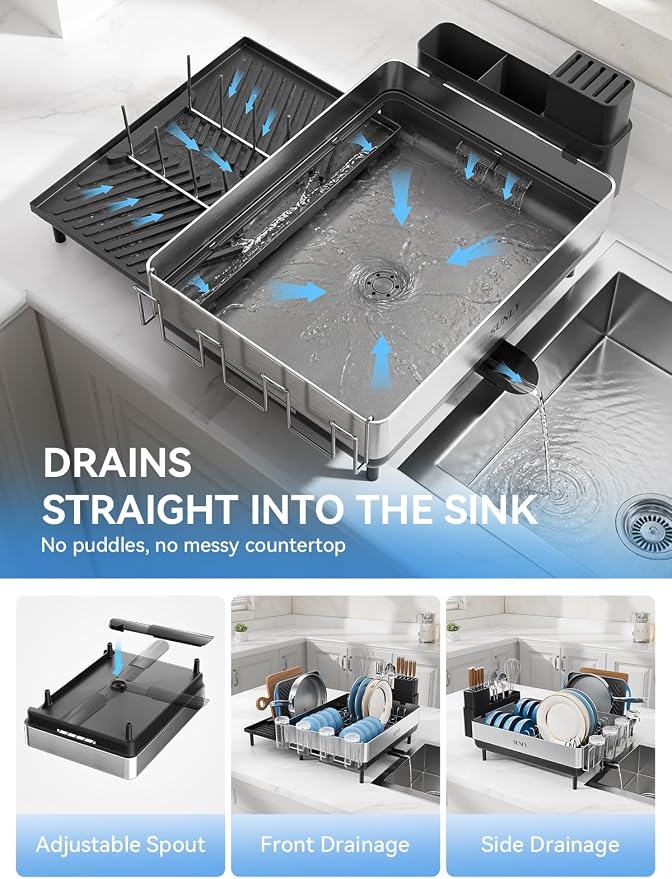 Large Dish Drying Rack, Expandable Dish Rack for Kitchen Counter, 304 Stainless Steel Space Saving Dish Drainer with Multifunctional Flip Up Pegs