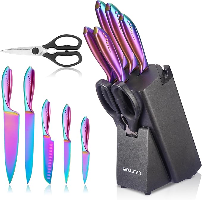 WELLSTAR Rainbow Knife Set 8 Pieces, Iridescent German Stainless Steel Kitchen Knives Set with Wooden Block, Colorful Titanium Coating, Chef’s Knife Block Set with Scissors and Built-in Sharpener