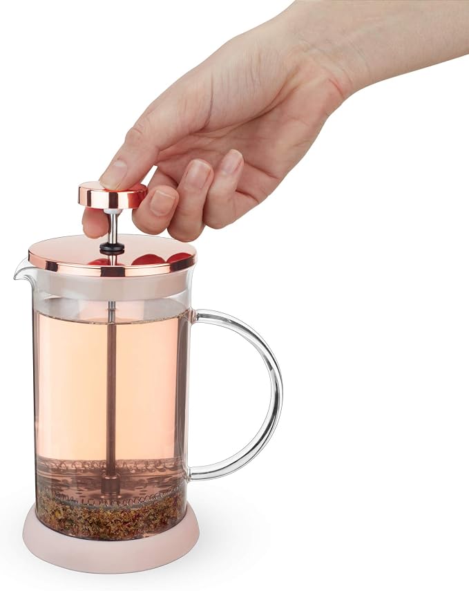 Pinky Up Riley Mini Glass Tea Press Pot, Coffee Maker, French Press for Loose Leaf Tea and Coffee, Hot or Iced Beverage Brewer, 12 oz, Pink