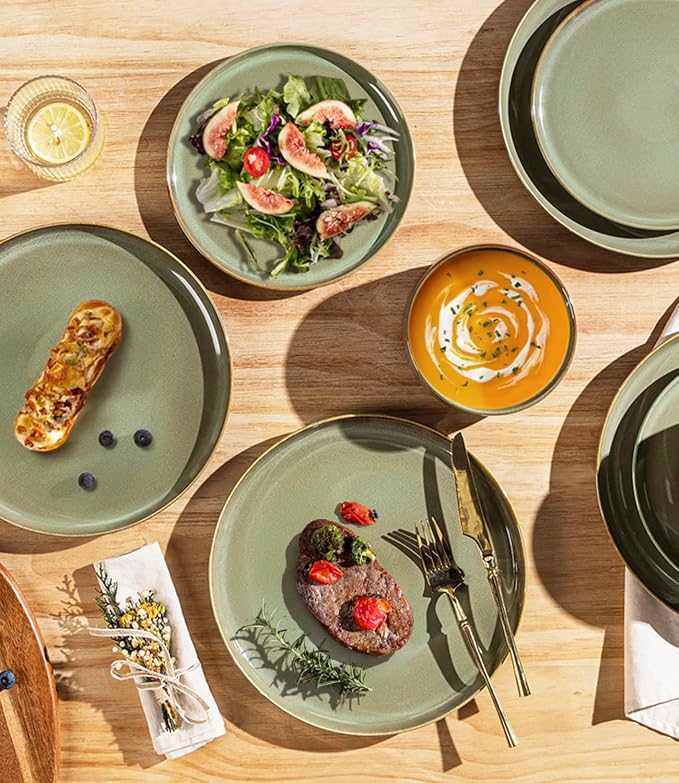 Ceramic Dinnerware Set for 4, 16-Piece Plates and Bowls Set | Lightweight Porcelain Dish Set, Scratch Resistant, Oven & Microwave & Dishwasher Safe, Sage Umber