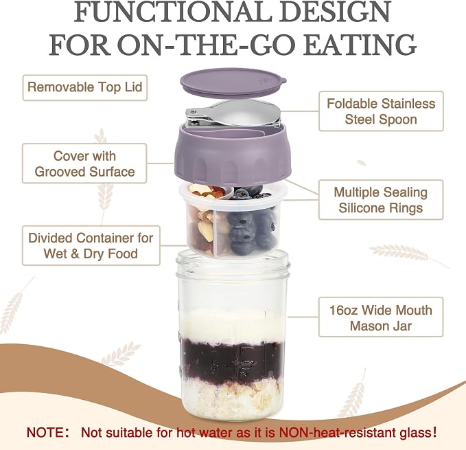 SOLIGT 2 Pack Overnight Oats Containers with Lids (Oat White/Purple) | Folding Spoons and Divided Compartments for Fruit&Nuts, Small Glass 16oz Mason Jars for Oatmeal Yogurt Parfait