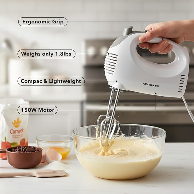 OVENTE 5-Speed Electric Hand Mixer with Storage Case,150W, White HM151W | Stainless Steel Whisks, Compact Portable Design, Lightweight Handheld Mixer for Baking & Cooking