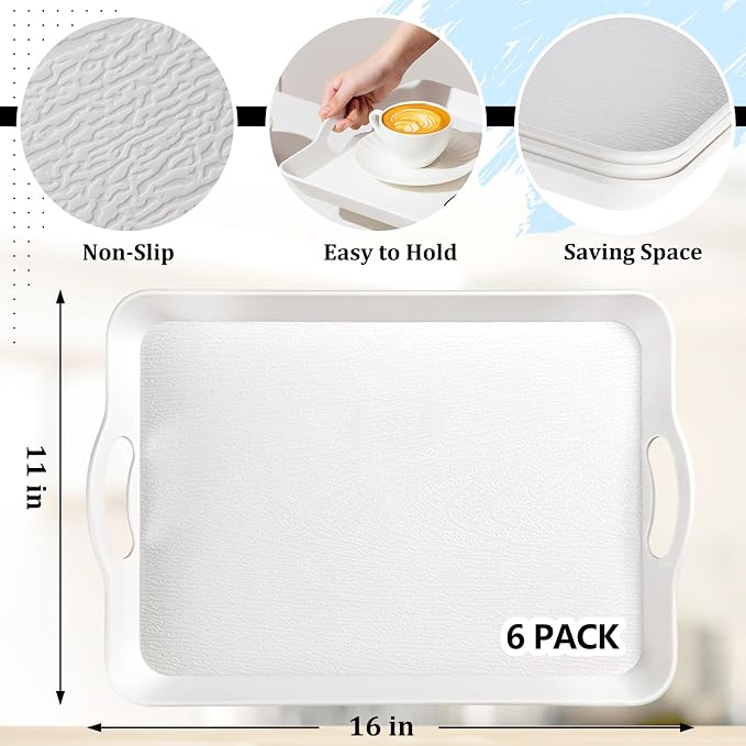 Kathfly 6 Pack 16" x 11" Serving Trays with Handles, Plastic Tray, White | PP Material, Anti-skid Texture, Decorative Food Tray, for Restaurant, Hotel, Kitchen, Party; Not Microwave/dishwasher Safe