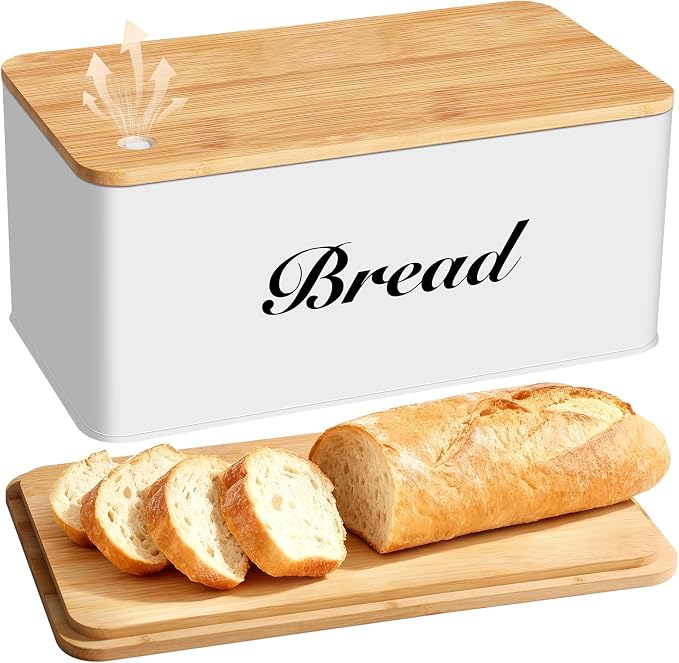 RYTOXILO White Bread Box for Kitchen Countertop, Metal Breadbox with One-Way Degassing Valve Bamboo Lid, Bread Storage Boxes Container for Homemade Bread, Sourdough Food Cutting Board