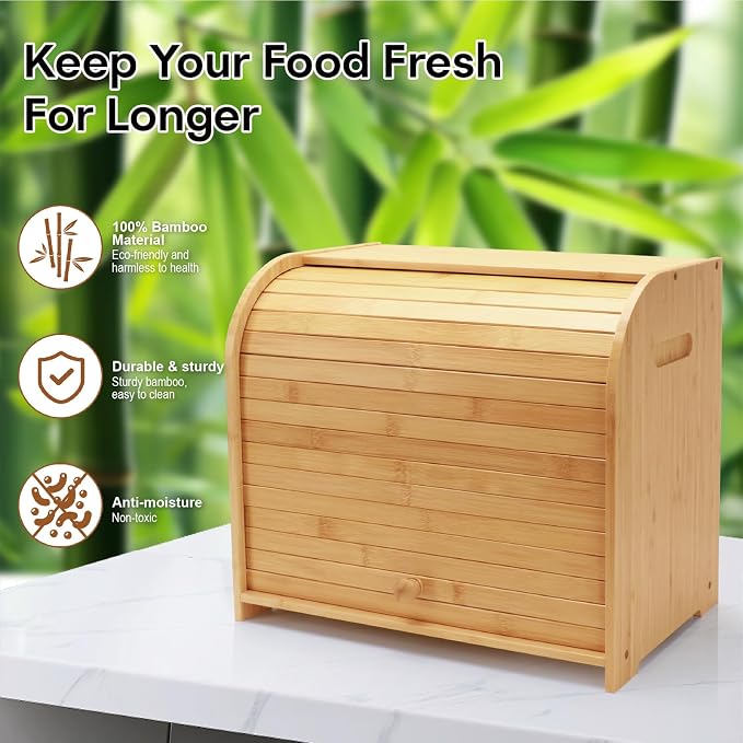 Bread Box for Kitchen Countertop, Double Layer Bamboo Bread Storage Container for Homemade Bread, Roll Top Bread Box with 3 Adjustable Height for Kitchen Counter, Natural Breadbox Organizer | 3 Adjustable Height, Large Capacity, Bamboo Bread Storage Co...