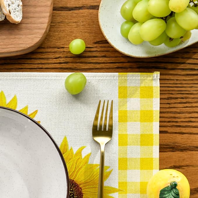 Artoid Mode Yellow Buffalo Plaid Sunflower Sunshine Vase Summer Placemats Set of 4, 12x18 Inch Spring Table Mats for Party Kitchen Dining Decoration