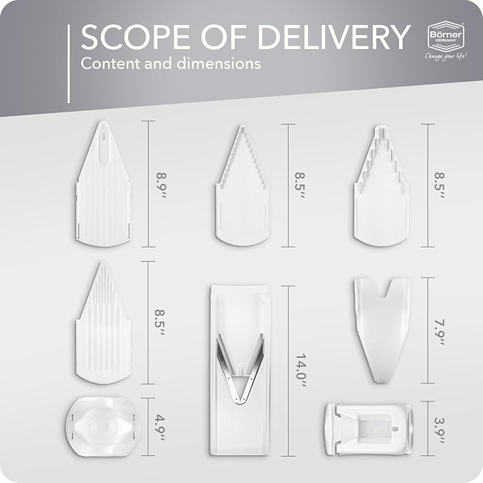 Mandoline Food Slicer Börner V3 (Profi Set) by Reston Lloyd • V-Slicer with 4 Inserts, Docking Station & Food Holder • Made in Germany • Fruit & Vegetable Chopper • Multiple Settings • Color: White