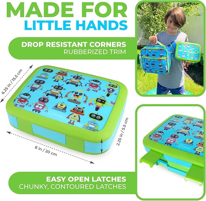 kinsho kids Bento Lunch Box Set with Thermo, Bag & Ice Pack, Green Robot | 4 Compartments, Removable Tray, Small Meal Snack Container for Boys Toddlers, Daycare & Pre-School, Steel Food Jar