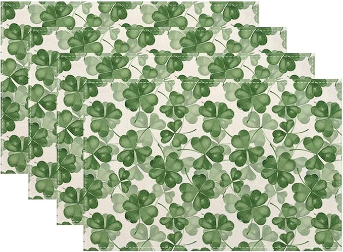 St Patricks Day Placemats Set of 4, Dark Green Clover Shamrock Decorative Table Mat 12 x 18 Inch Heat Resistant Non Slip Line Fabric Place mat for Holiday Party Kitchen Dining Decor