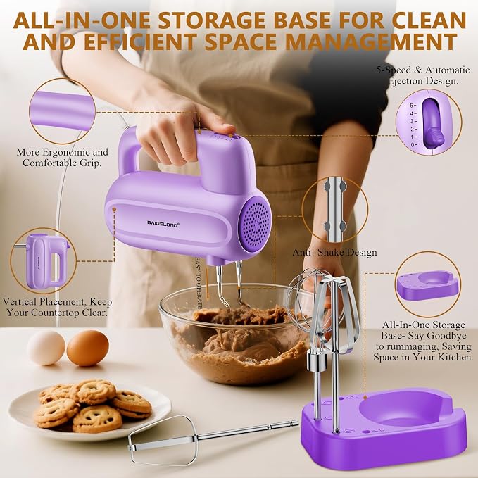 BAIGELONG Hand Electric Mixer, 5-Speed KitchenMixer with 5 * 304 Stainless Steel Attachments + Storage Base, Food Handheld Mixer for Baking, Whipping Cream, Cake Mixing, Purple