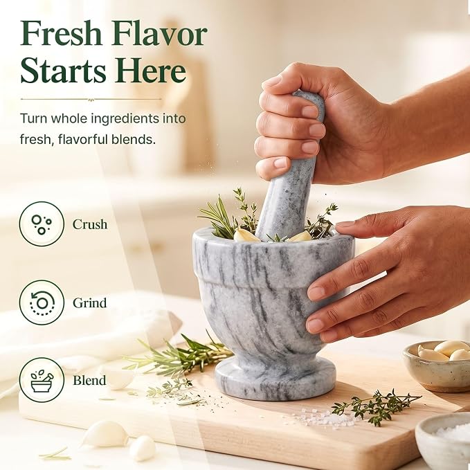 Flexzion Mortar and Pestle Set, White - Solid 4 inch Heavy Granite Molcajete Stone Grinder Crusher Bowl for Guacamole, Herbs, Spices, Garlic, Medicine Pills, Grain, Kitchen, Cooking | Crush Herbs, Spices and Garlic or Prepare Guacamole In a Compact Gri...