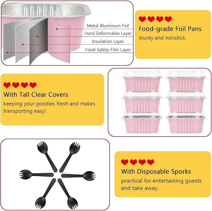 LNYZQUS 5oz Mini Cake Pans with Lids and Spoons, Disposable Brownie Tins | 40 Pack, Aluminum Foil, Square Cupcake Baking Cups, Individual Dessert Containers for Kids Party, Pink