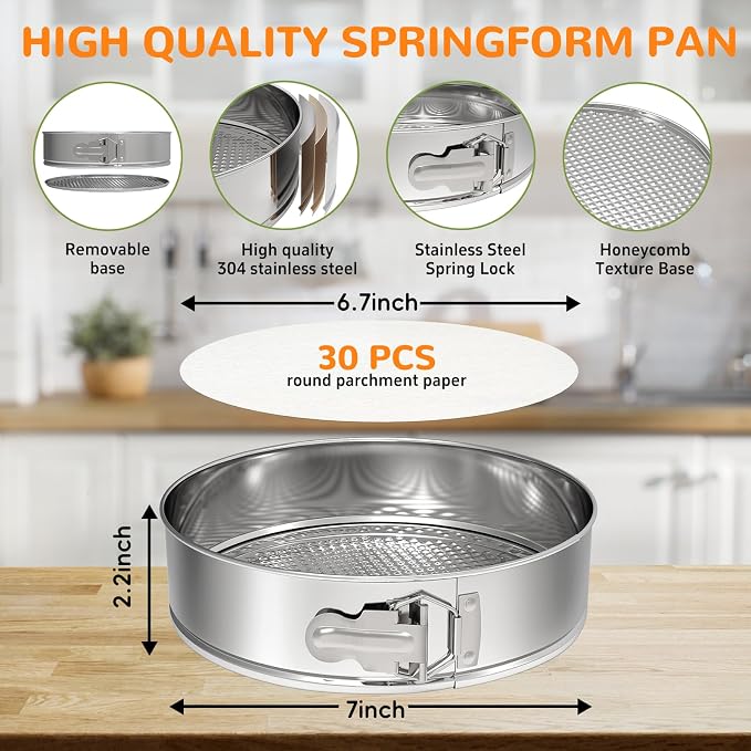 ZeroPone 7 Inch 304 Stainless Steel Springform Pan with Removable Bottom | Nonstick Round Spring Form Cheesecake Pan with 30 Pcs Parchment Paper Liners