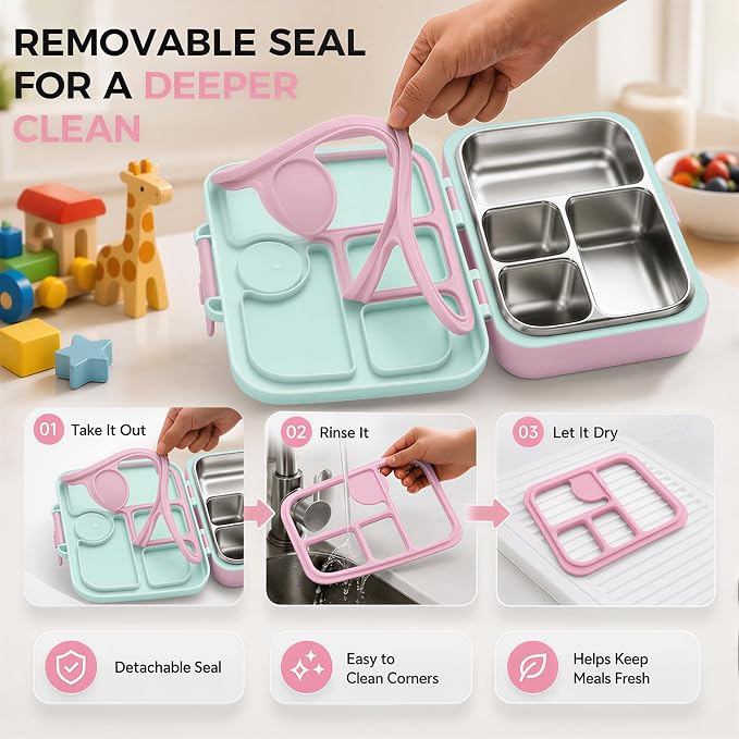 Kids Stainless Steel Bento Lunch Box, 4 Compartments | Leak-Resistant 4 Cups Lunch Container for Ages 4+ with Easy-Open Latch, Removable Seal & Meal Feedback Icon