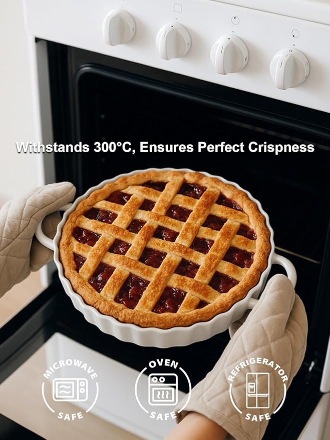 9×2in Deep Ceramic Pie Pan with Handles for Pie Quiche Tart Baking. Easy to grip, Lead-Free. Casserole Lasagna Dish for Thanksgiving Christmas Wedding Gift. Microwave, Dishwasher, Oven Safe