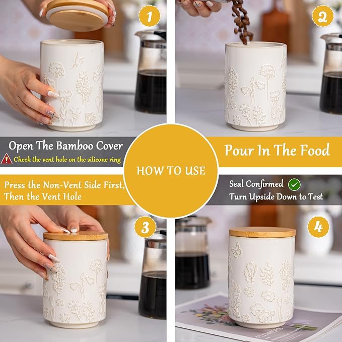 TEATALK Embossed Ceramic Canister with Airtight Lid, 23oz Decorative Storage Jar for Coffee, Tea, Sugar, Flour & Cookies, Farmhouse Kitchen Canisters for Counter, Pantry Organization, Flower Butterfly