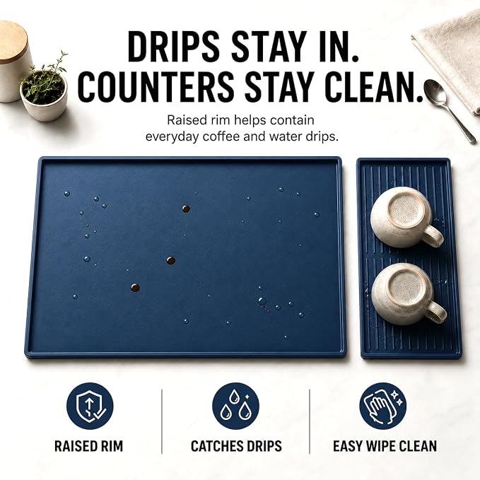 Silicone Coffee Mat 24 x 16 in with Tray, Deep Sea Blue | Coffee bar mat for countertop use, coffee station mat or coffee machine mat with removable tray and 0.47 in raised rim.