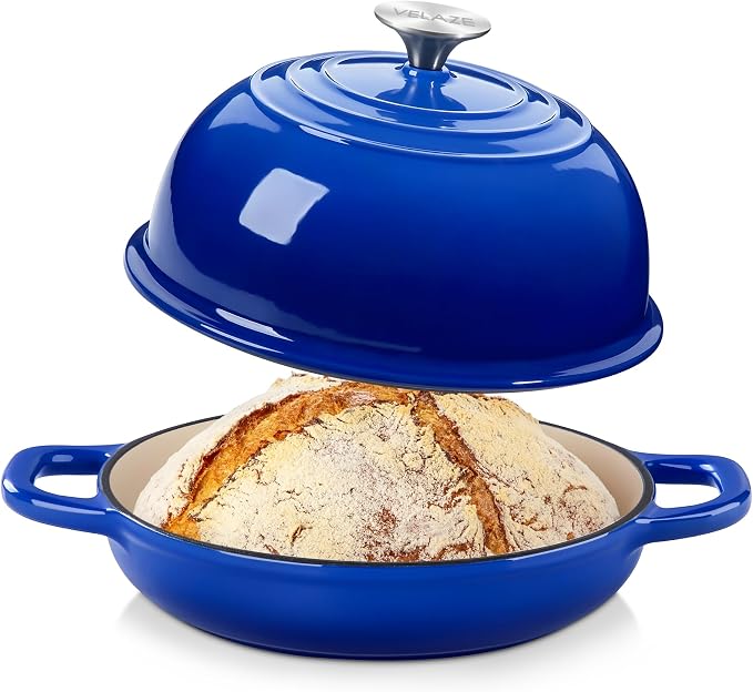 Velaze 5 QT Enameled Cast Iron Dutch Oven for Bread Baking with Dome Lid | Traps Steam for Crispy Artisan Sourdough Bread,Oven Safe,Ergonomic Handles,Gift for Bakers and Bakery Style Loaves,Blue