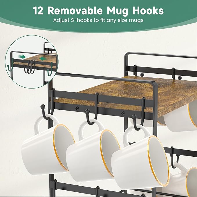EsLuker.ly Coffee Mug Cup Holder Tree Bar Station Organizer, 2 Tier | Mug Stand Rack for Countertop Kitchen, Storage Tower Display Shelf with 12 Hooks, Coffee Nook Enhancer