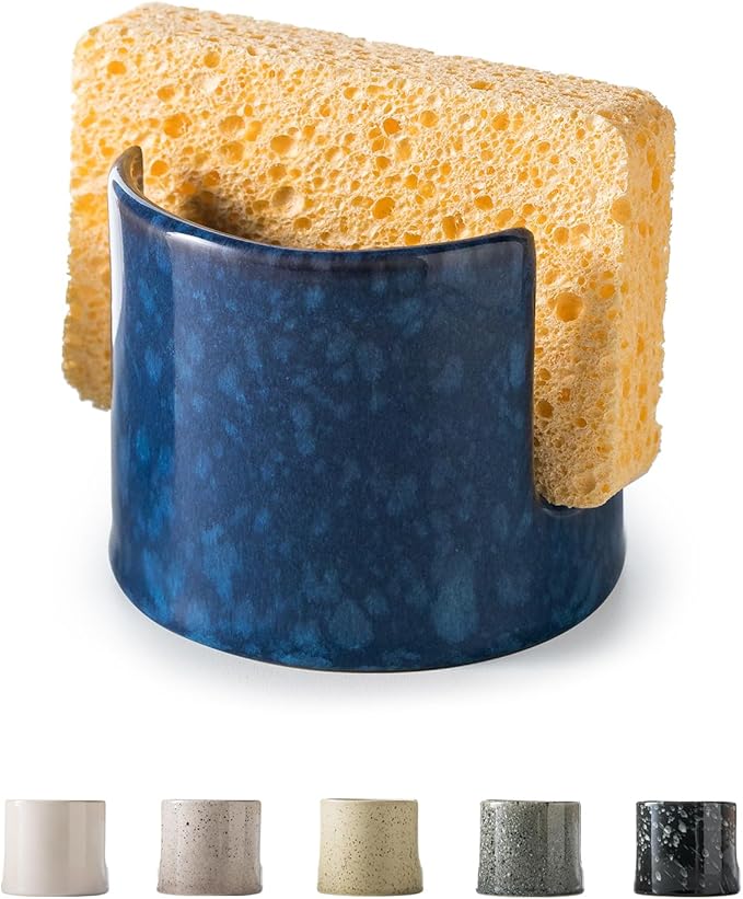 Zoeeker Kitchen Sponge Holder, Ceramic Sponge Organizer Scrubby Holder | Cute Sink Caddy Dish Brush Rack Kitchen Storage Accessories Sink Caddy for Bathroom Countertop, Farmhouse Kitchen Decor, Blue