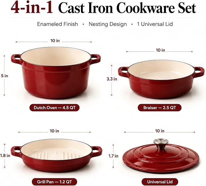 Enameled Cast Iron Dutch Oven Set - 4-Piece 1.3/2.6/4.8Qt Pot with Lids | Cast Iron Cookware Set for Sourdough Bread, Stews, Braising and Roasting, Stackable Space-Saving Design Dutch Oven, Red